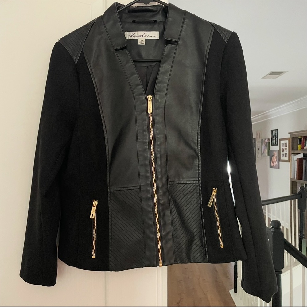 Kenneth Cole New York Black faux Leather Jacket with Gold Accents